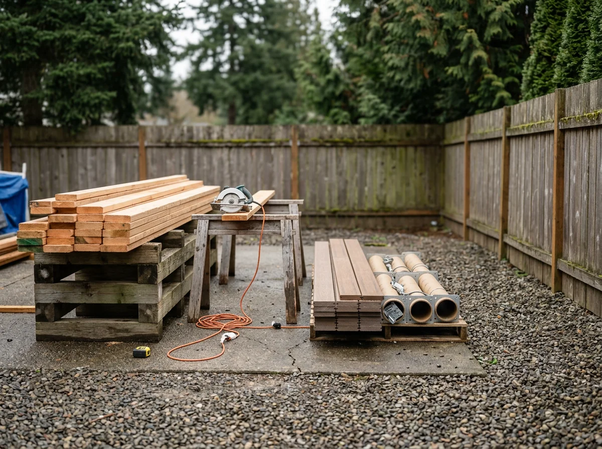Environmental photo of a construction work area with tools and materials ready for a home improvement project. No people are shown in this image.