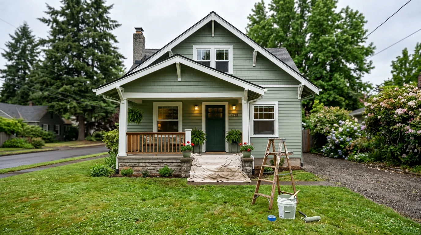 Oregon Builder Pros painter applying exterior paint to a home in the Tigard, Oregon area