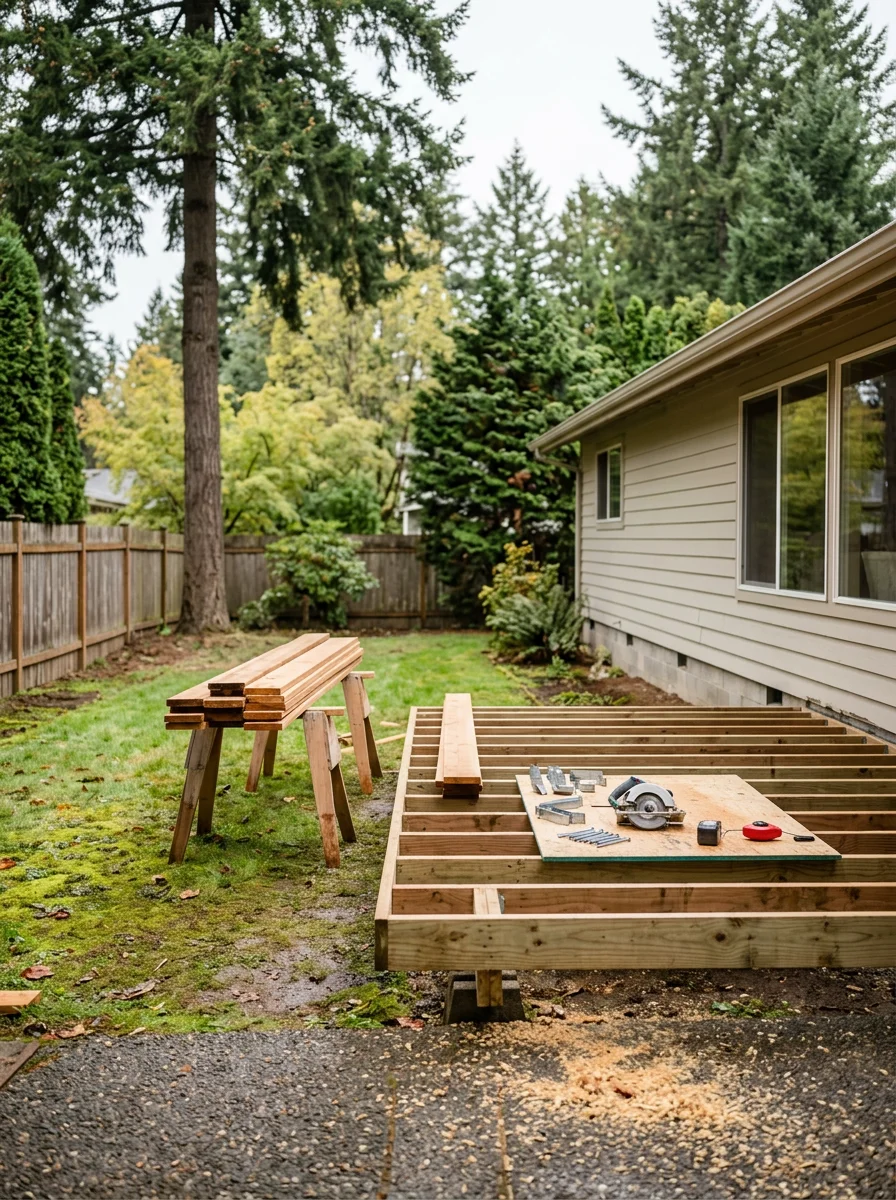A new wood deck under construction on a large residential lot in Aloha, Oregon, attached to a 1970s single-family home with a spacious backyard.