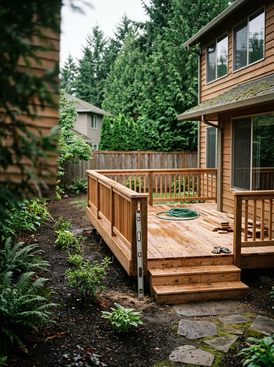 A newly constructed wood deck attached to a two-story suburban home in a Beaverton neighborhood, with a view of a landscaped backyard.