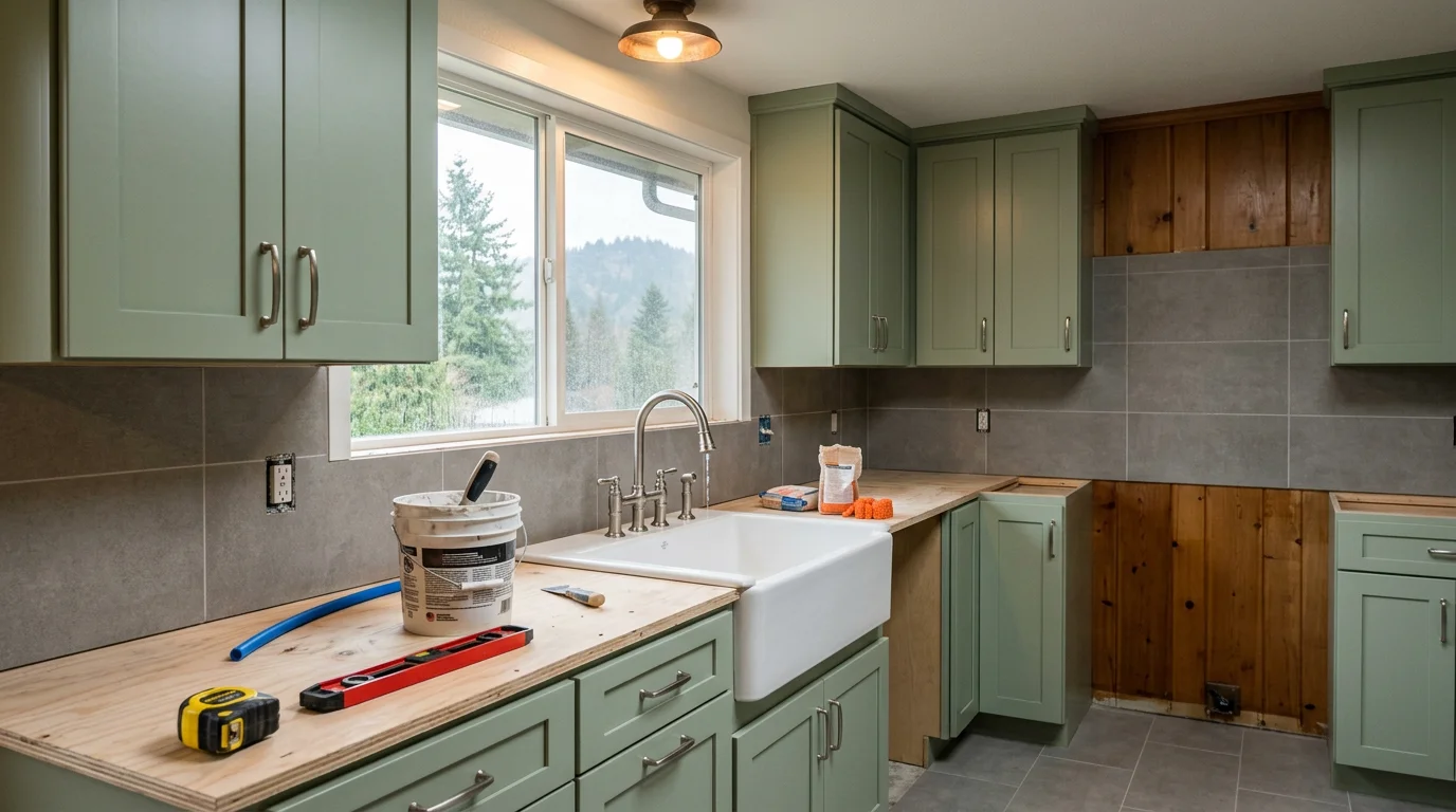 A remodeled kitchen interior in a mid-century ranch home in Beaverton, Oregon, with new cabinetry, tile work, and updated plumbing fixtures.