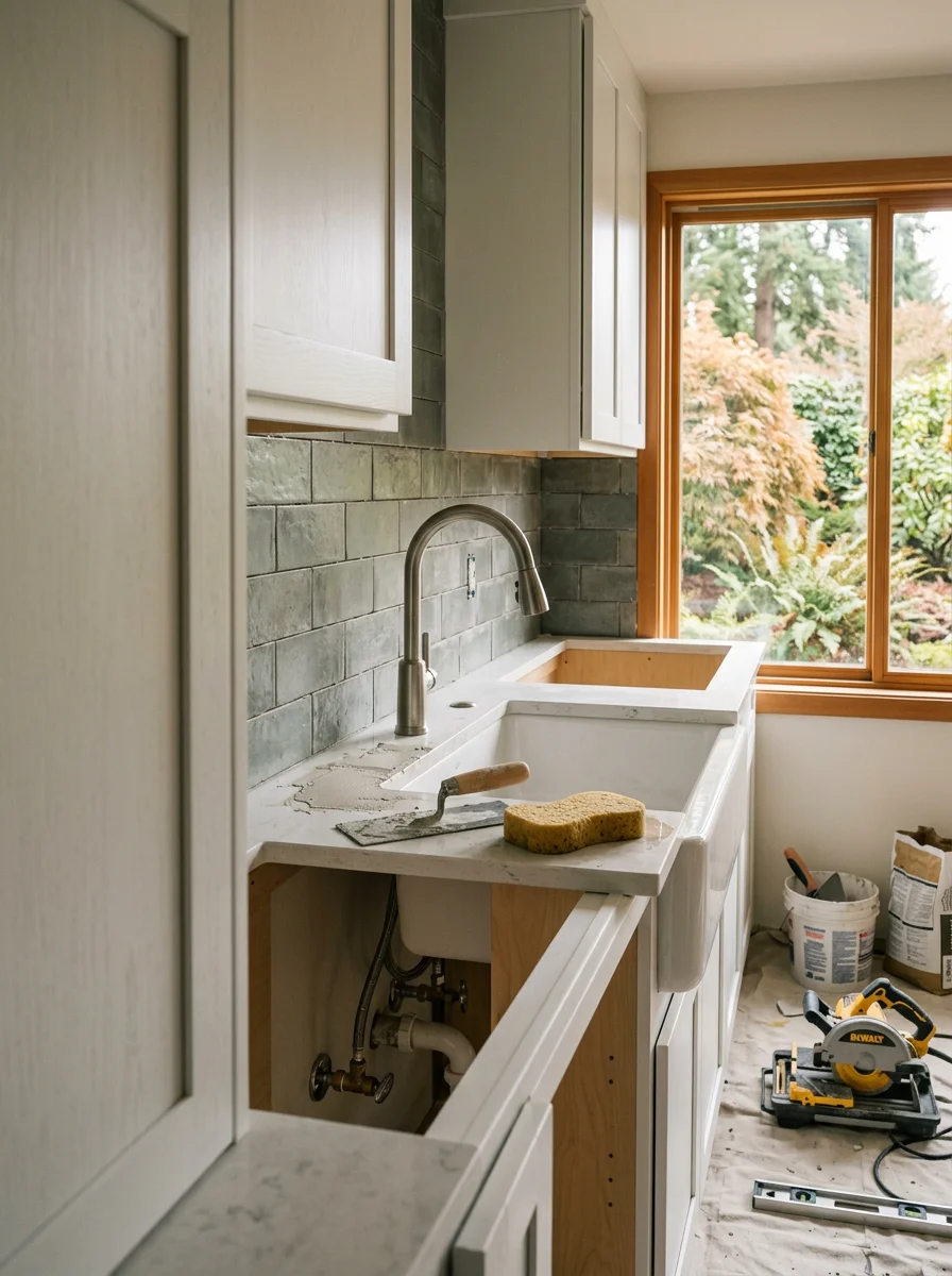 A remodeled kitchen in a 1970s Lake Oswego single-family home featuring new tile work, updated cabinetry, and plumbing fixture installation.