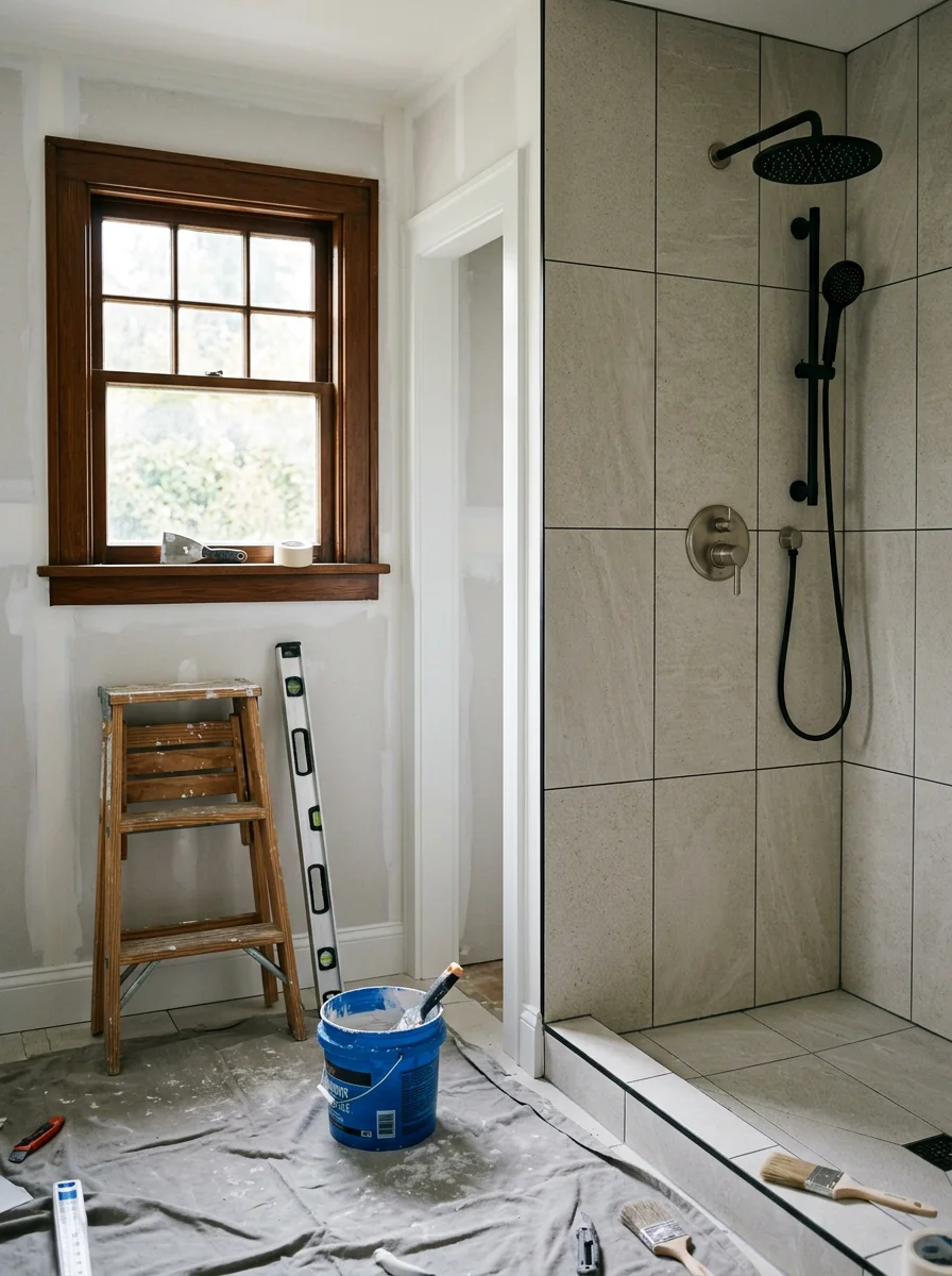 A remodeled bathroom interior in a Portland home featuring new tile work, updated plumbing fixtures, and fresh drywall and paint.
