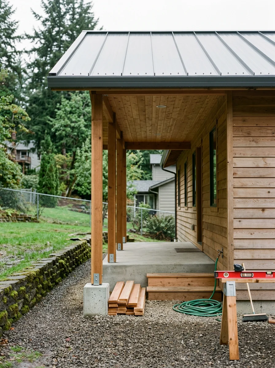 A newly constructed covered porch attached to a contemporary single-family home in the Ladd Hill neighborhood of Sherwood, Oregon.