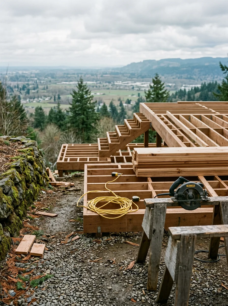 A multi-level wood deck under construction on a sloped Bull Mountain lot in Tigard, Oregon, with a view across the Tualatin Valley.