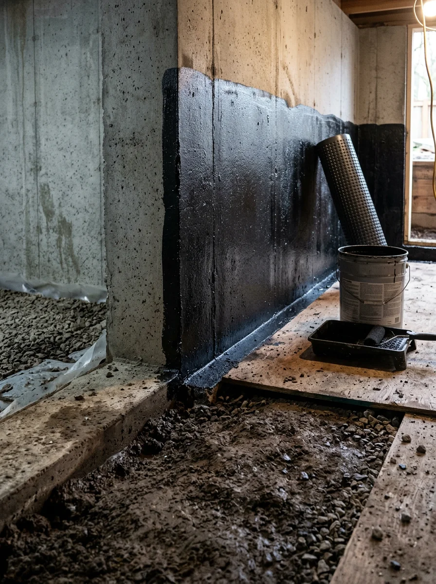 A waterproofing application being applied to a foundation wall in a Tualatin, Oregon crawlspace, with clay soil visible at the excavation line.