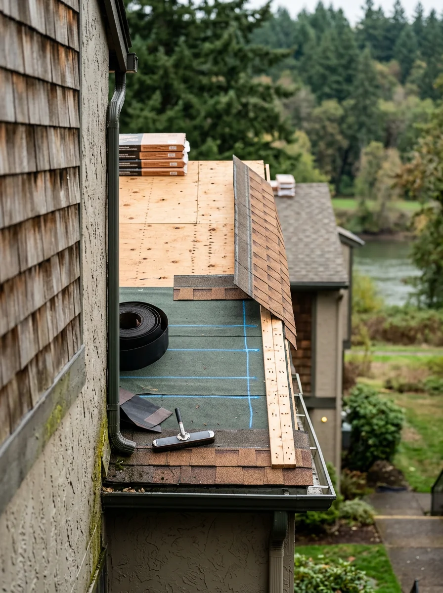 A roof installation in progress on an older attached home in Wilsonville's Charbonneau district, with the Willamette River corridor visible in the background.