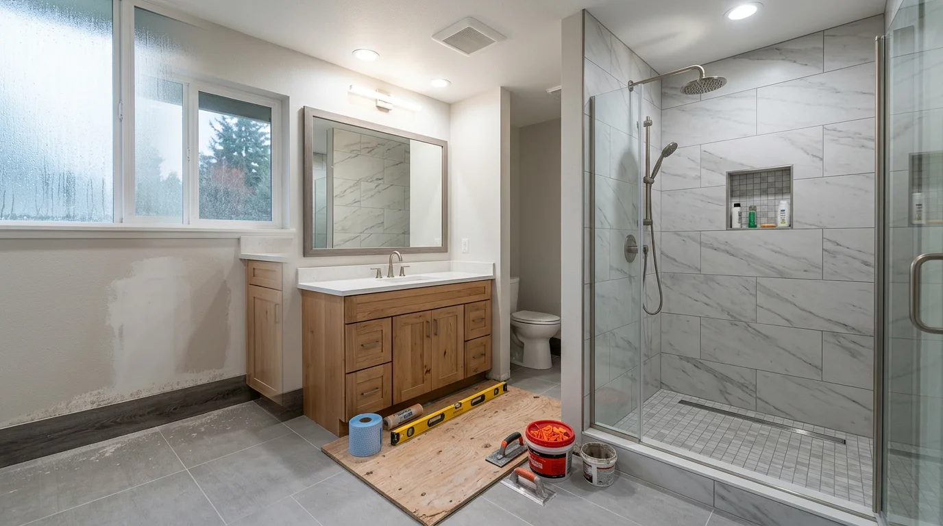 A remodeled bathroom in a Beaverton, Oregon home featuring a walk-in shower with tile surround, an updated vanity, and modern fixtures. The finished space reflects a full gut renovation typical of Portland metro area bathroom remodeling projects.