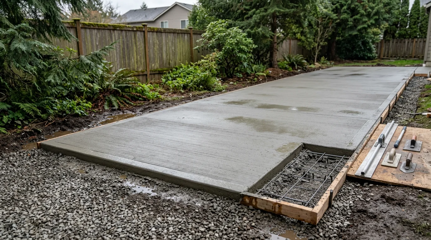 Freshly poured and broom-finished concrete driveway at a residential property in Beaverton, Oregon, with formed edges and a compacted gravel base visible at the perimeter. The surface shows clean control joint lines and a uniform gray finish ready for curing.