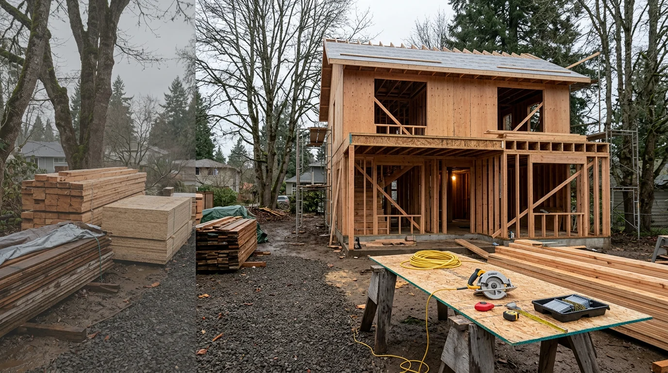 A newly completed custom home in Beaverton, Oregon, featuring a modern exterior with clean rooflines and a landscaped front yard in a Washington County residential neighborhood. The home reflects a site-specific design built for a Pacific Northwest climate.