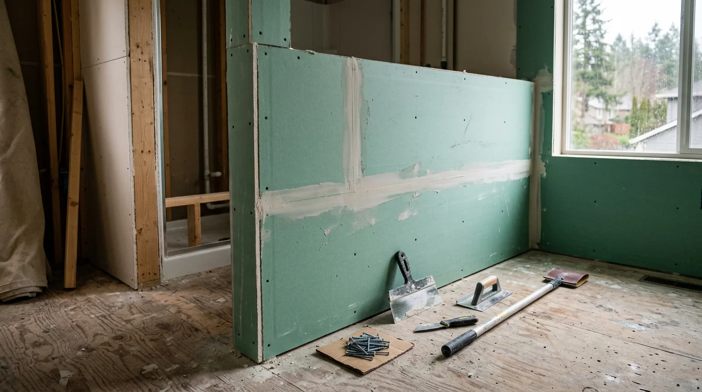 Freshly installed and taped drywall on interior walls of a residential remodel in Beaverton, Oregon, showing smooth joint compound ready for finish coat. A corner joint and ceiling line are visible, with natural light coming through a window opening.