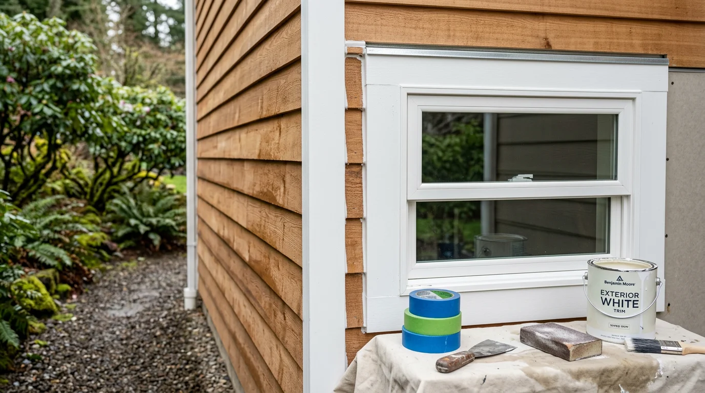 Freshly finished home exterior in Beaverton, Oregon, showing clean trim lines, sealed window surrounds, and a smooth final coat on lap siding. The finished surface reflects the wet-climate preparation common in Pacific Northwest residential finishing work.