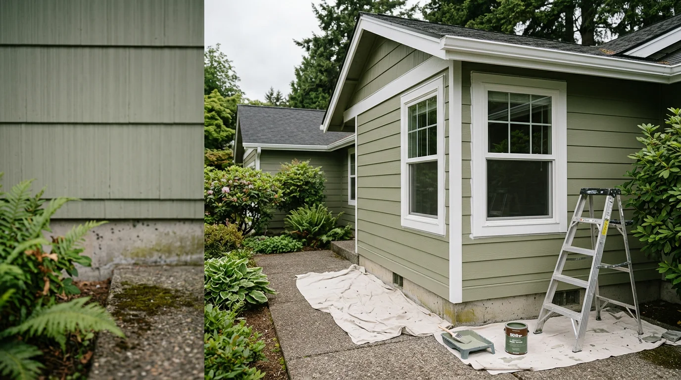 A freshly painted two-story home exterior in Beaverton, Oregon, with clean trim lines and smooth siding finish. The home shows no peeling or weathering, reflecting a completed exterior painting project in the Pacific Northwest.