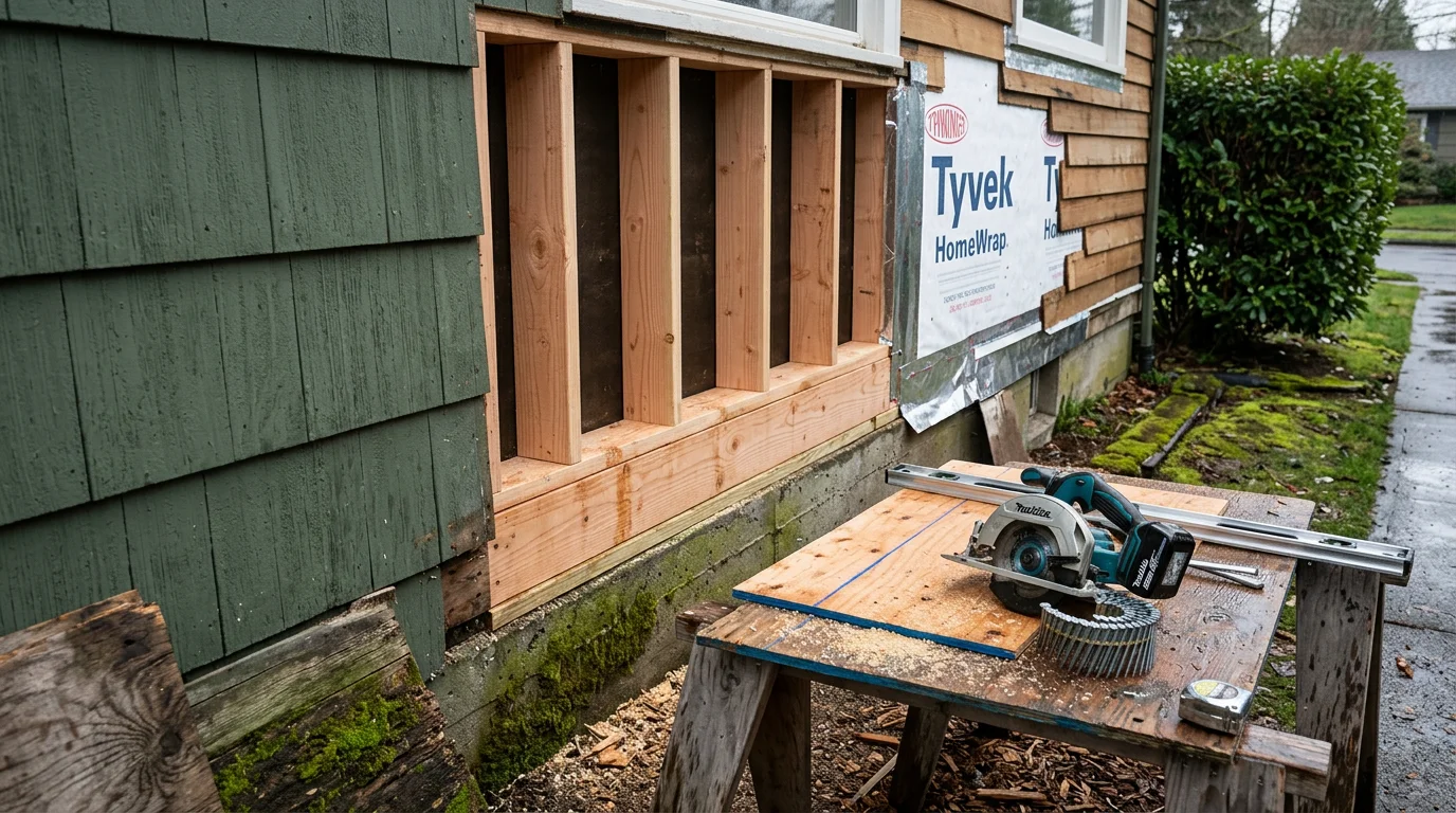 A general contractor repairing deteriorated exterior wall framing and sheathing on a residential home in Beaverton, Oregon. Exposed structural wood shows moisture damage being addressed before new siding is installed.