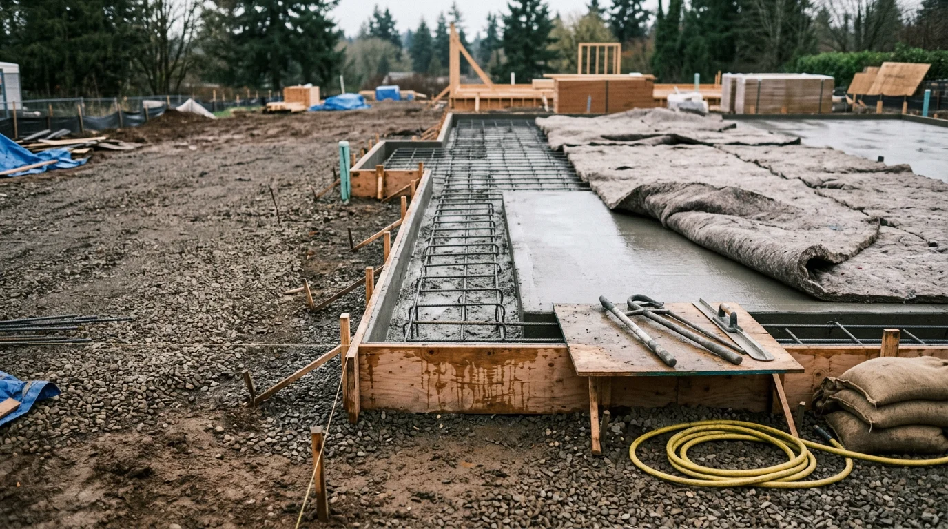 A freshly poured residential concrete foundation slab with visible rebar reinforcement grid on a cleared lot in Beaverton, Oregon. The surrounding site shows compacted subgrade and formwork boards along the perimeter, ready for the next stage of home construction.