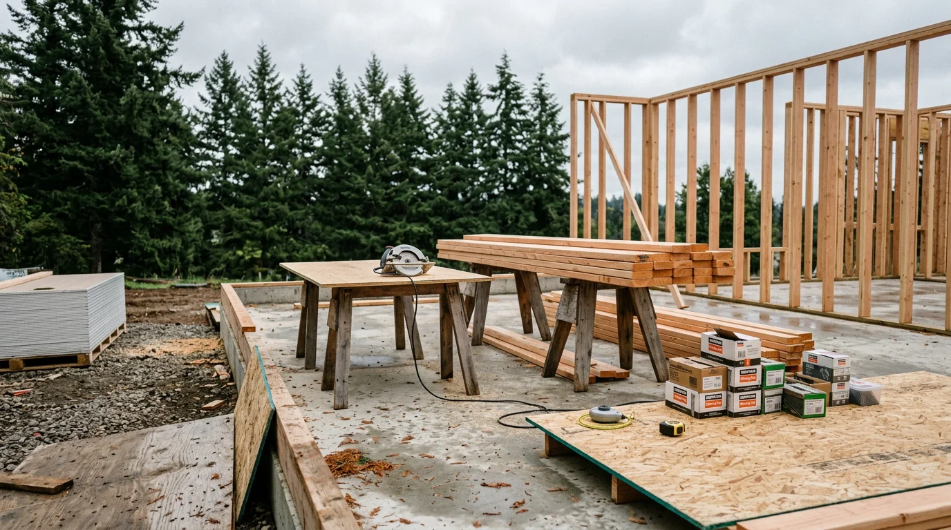 A residential construction project in Beaverton, Oregon showing wood framing and structural walls at the build stage, with a partially completed home exterior visible against a cloudy Pacific Northwest sky. Oregon Builder Pros LLC general building construction work in Washington County.