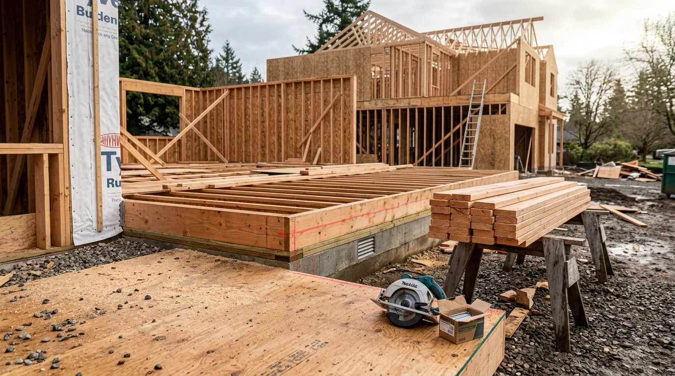 A residential construction project in Beaverton, Oregon showing structural framing work on a single-family home with a partially completed exterior. A general contractor reviews the build progress on site.