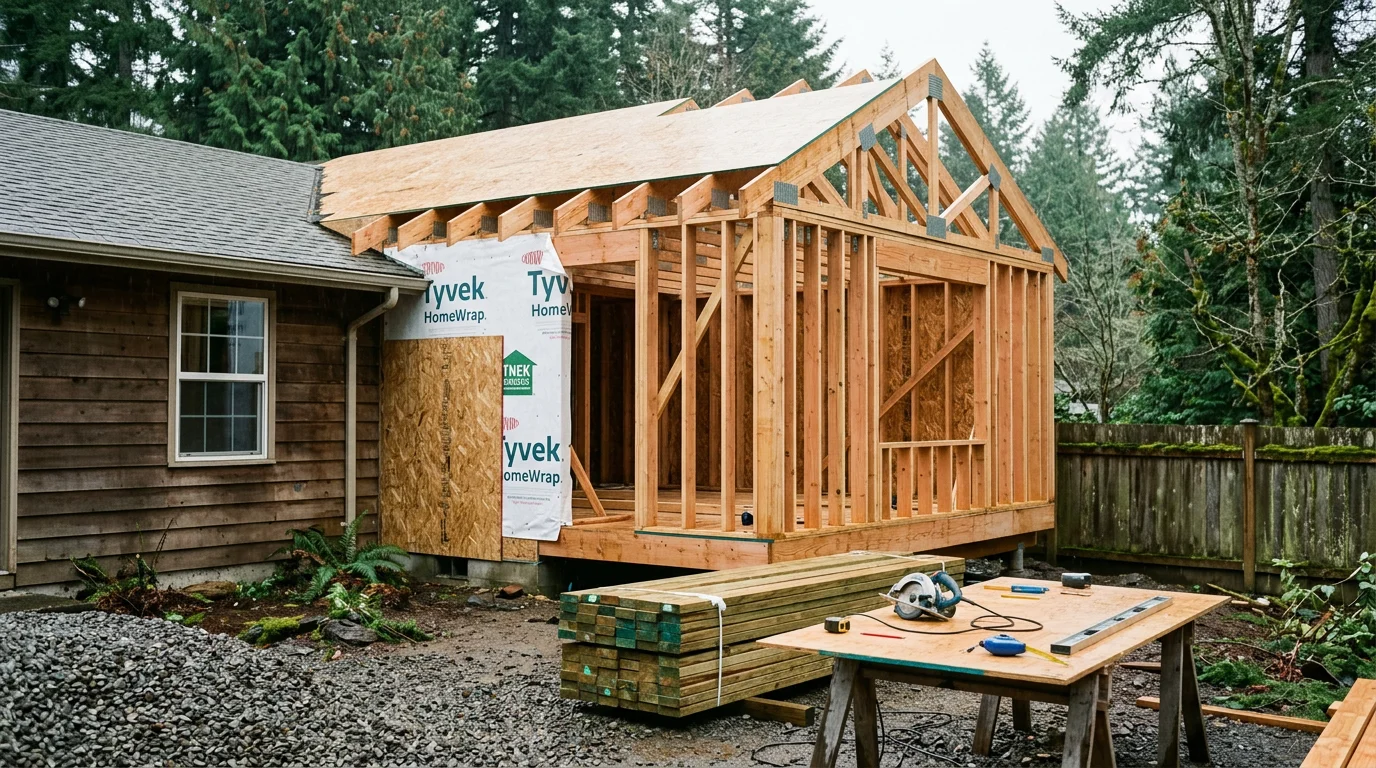 A newly completed single-story home addition in Beaverton, Oregon, with roofline and siding matched to the existing house. The addition extends the rear of a residential home on a suburban lot, blending with the original structure.