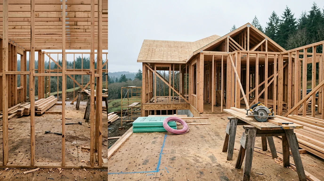 A newly completed custom home in Beaverton, Oregon, with a covered front porch, clean exterior siding, and a landscaped front yard in a Washington County residential neighborhood.