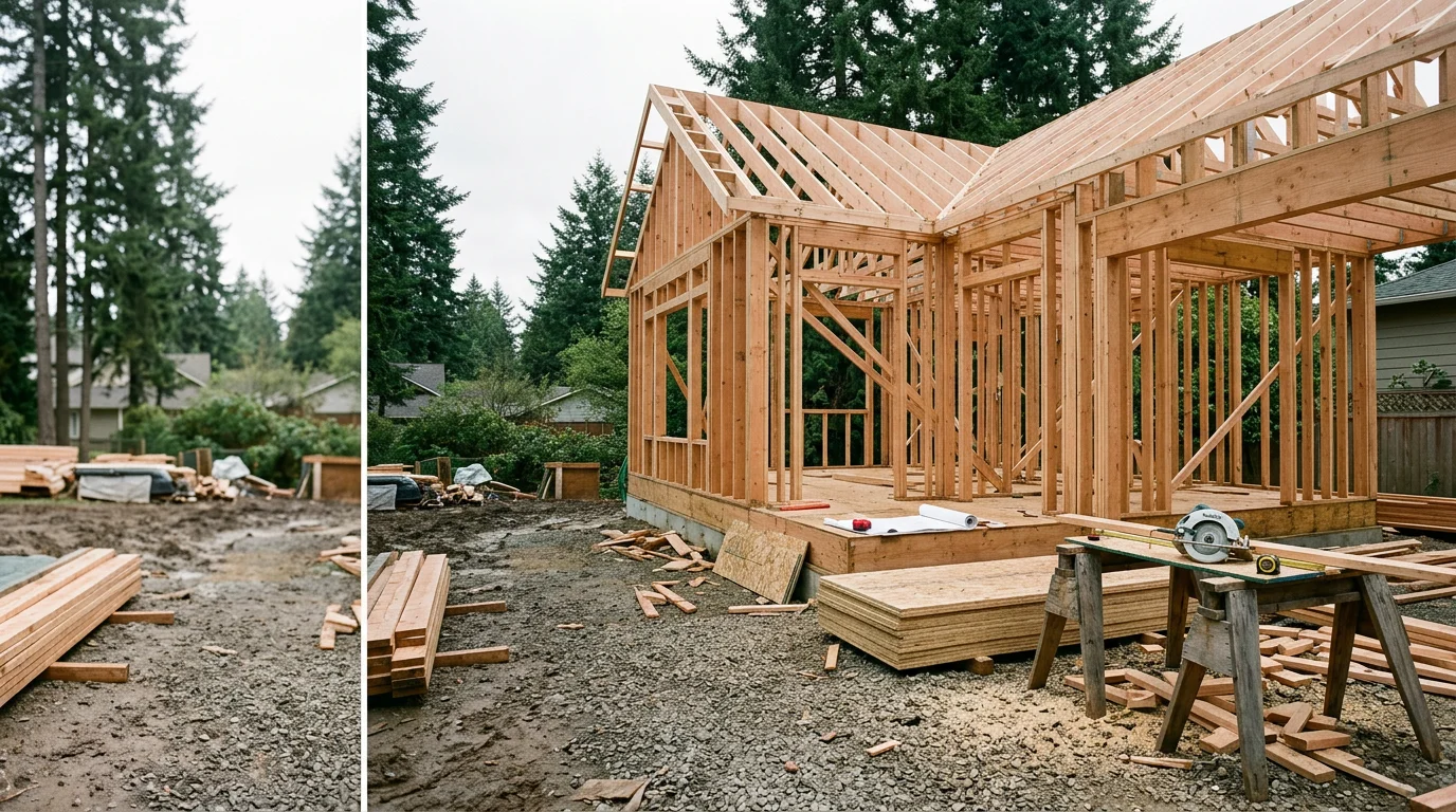 A newly constructed single-family home on a residential lot in Beaverton, Oregon, with framing complete and exterior work underway. A general contractor reviews plans on site in a Washington County neighborhood.