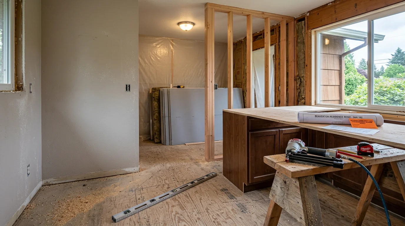 Renovated open-concept kitchen and living area inside a Beaverton, Oregon home, showing updated cabinetry, modern finishes, and improved natural light after a full interior renovation. The space reflects a layout reconfigured from a compartmentalized older floor plan common in Washington County homes.
