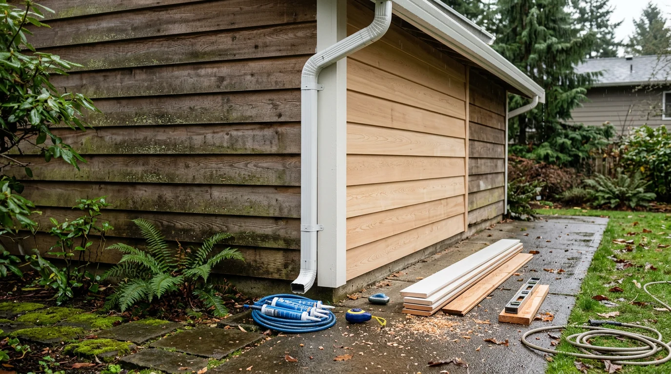 A repaired section of wood siding on a residential home in Beaverton, Oregon, with fresh carpentry work visible along the exterior wall. A contractor inspects the finished repair on a typical Pacific Northwest single-family home.