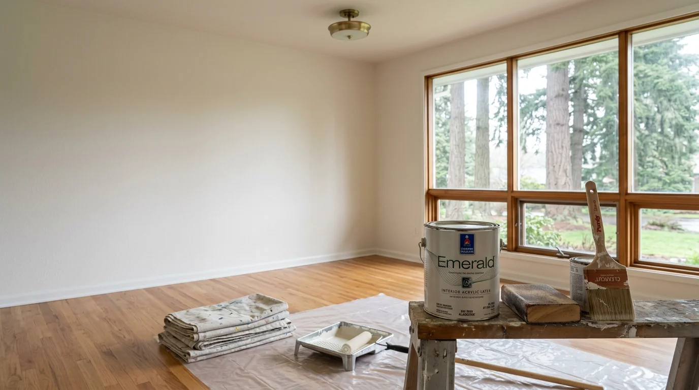 Freshly finished interior room in a Beaverton, Oregon home showing smooth Level 4 drywall walls, painted trim, and newly installed hardwood flooring. The space is empty and ready for furnishing, with natural light coming through a window.