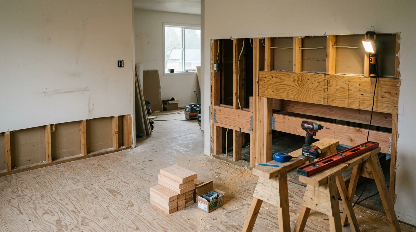 Interior framing repair in a Beaverton, Oregon home showing a replaced load-bearing header and new structural lumber installed between existing wall studs. The work area is open to the framing with finish drywall not yet applied, showing the structural repair in progress.