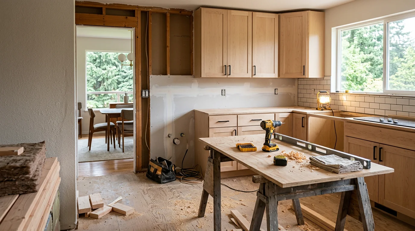 Remodeled kitchen in a Beaverton, Oregon home featuring an open-concept layout with shaker-style cabinetry and quartz countertops. The updated space connects to an adjacent living area, reflecting a common Washington County home renovation.