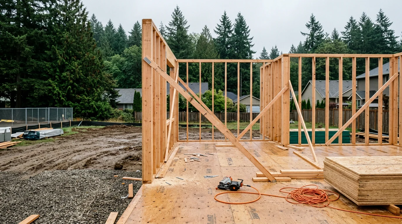 A newly framed single-family home under construction on a residential lot in Beaverton, Oregon, with wood framing and roof trusses visible against a Pacific Northwest sky. Oregon Builder Pros LLC new home construction project in Washington County.