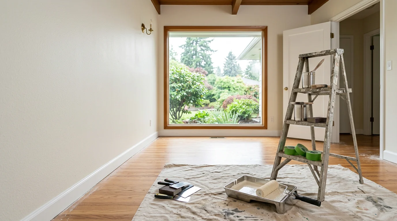 Freshly painted interior living room in a Beaverton, Oregon home showing smooth white walls, clean trim, and a bright, updated finish. Oregon Builder Pros LLC interior painting work in the Portland metro area.