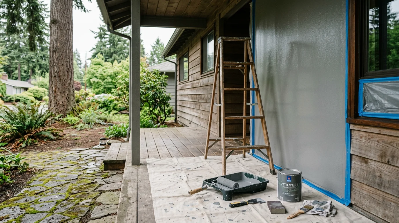 A freshly painted single-family home exterior in Beaverton, Oregon, with clean trim lines and smooth siding finish. The home reflects a typical Pacific Northwest residential style with updated color against a cloudy Oregon sky.