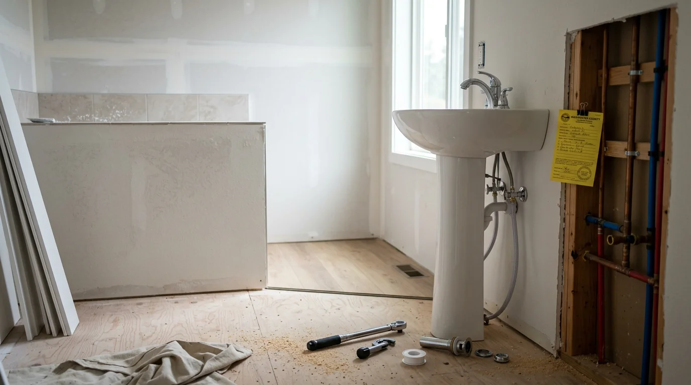 A newly installed bathroom sink and faucet in a remodeled bathroom in Beaverton, Oregon, with clean supply line connections and a finished vanity surround. The fixture is set against freshly tiled walls as part of a complete bathroom update.