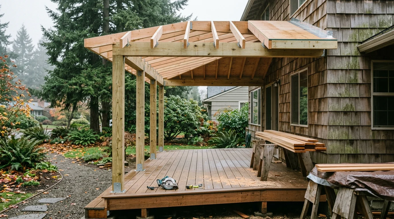 A newly built covered front porch on a residential home in Beaverton, Oregon, featuring a gabled roof that matches the existing roofline and a wood-framed entry with steps leading to the front door. The structure is photographed on an overcast Pacific Northwest day, showing the shelter the covered porch provides over the entry area.