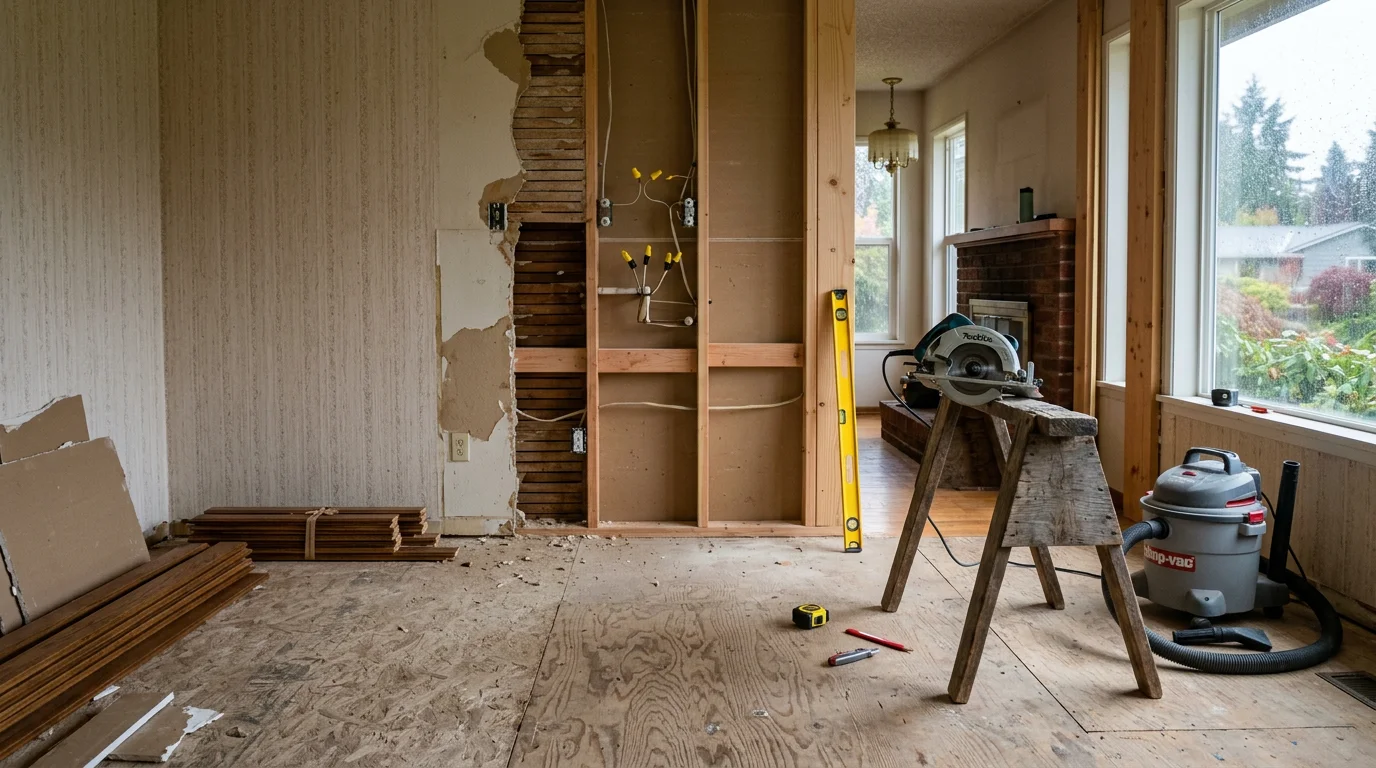 Interior of a remodeled Beaverton, Oregon home showing an updated open-plan living area with new finishes replacing a compartmentalized 1970s layout. The renovation reflects the type of whole-home remodeling work Oregon Builder Pros LLC completes across the Portland metro area.