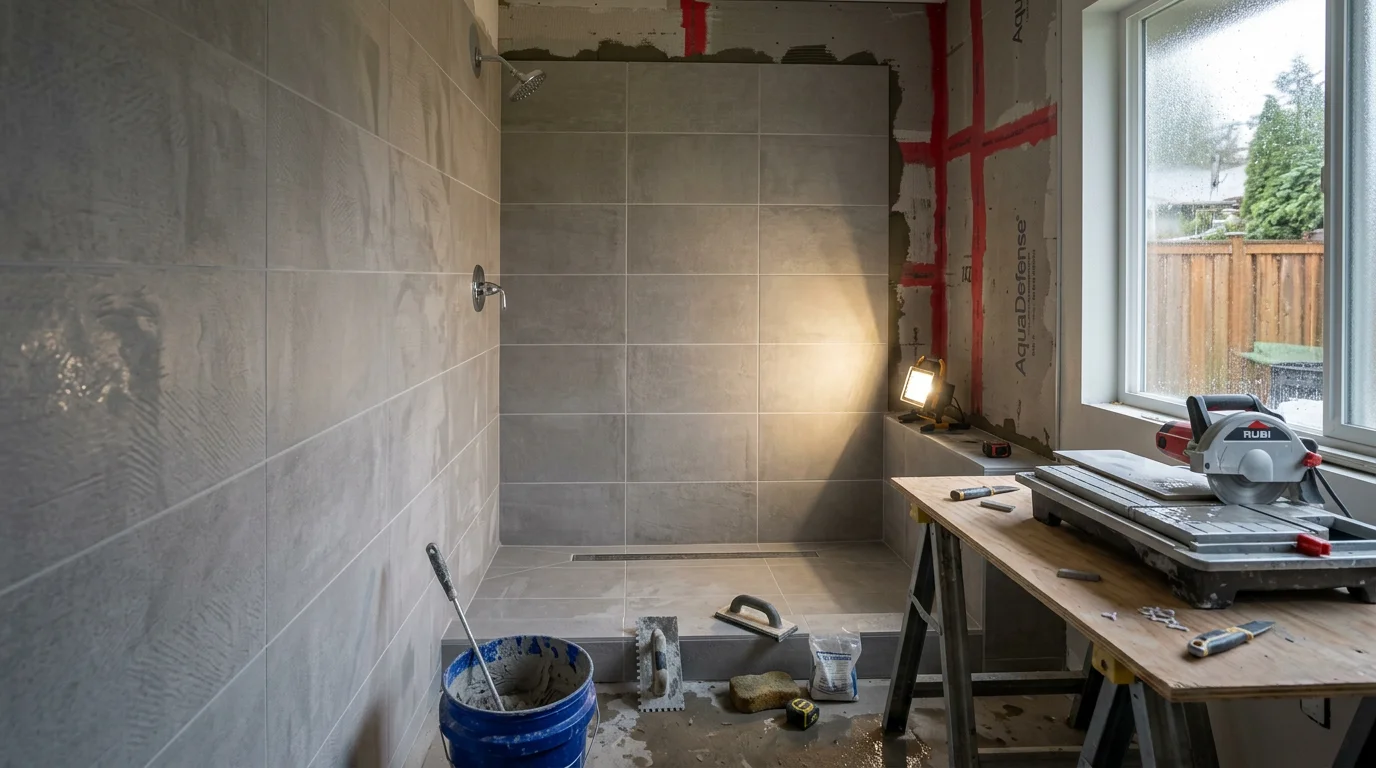 Freshly installed floor tile in a Beaverton, Oregon bathroom with clean grout lines and a neutral stone-look finish. The room shows a tiled shower surround and tiled floor meeting a painted baseboard along the wall.